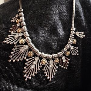 Silver Tone Bib Necklace With Clear Rhinestones And Gold Details